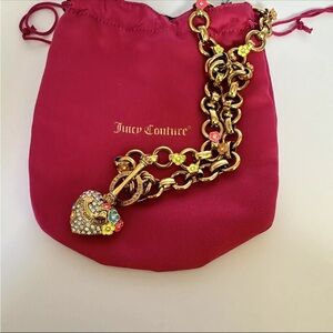Juicy Couture Blooming Flower Pave Heart and Enamel Flowers Chain Link Necklace